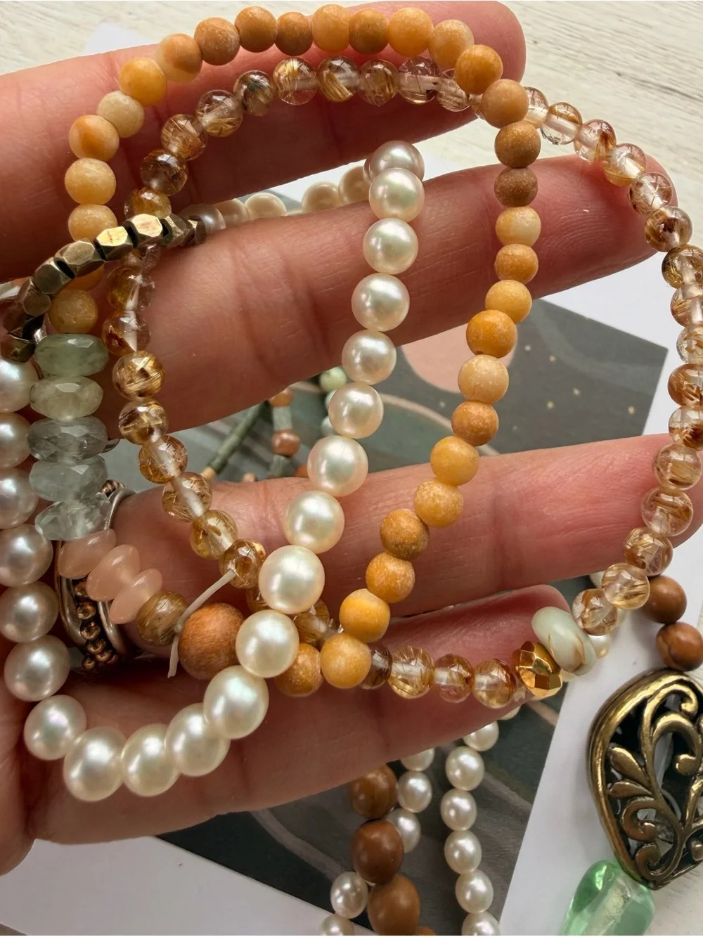 Handmade Multi-Strand Pearl and stone Bead Stretch Bracelet lot